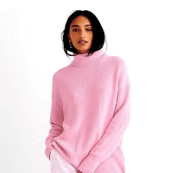 J. Crew Soft Barbie Pink Turtleneck ribbed, oversized, cotton, cashmere large - Picture 1 of 8